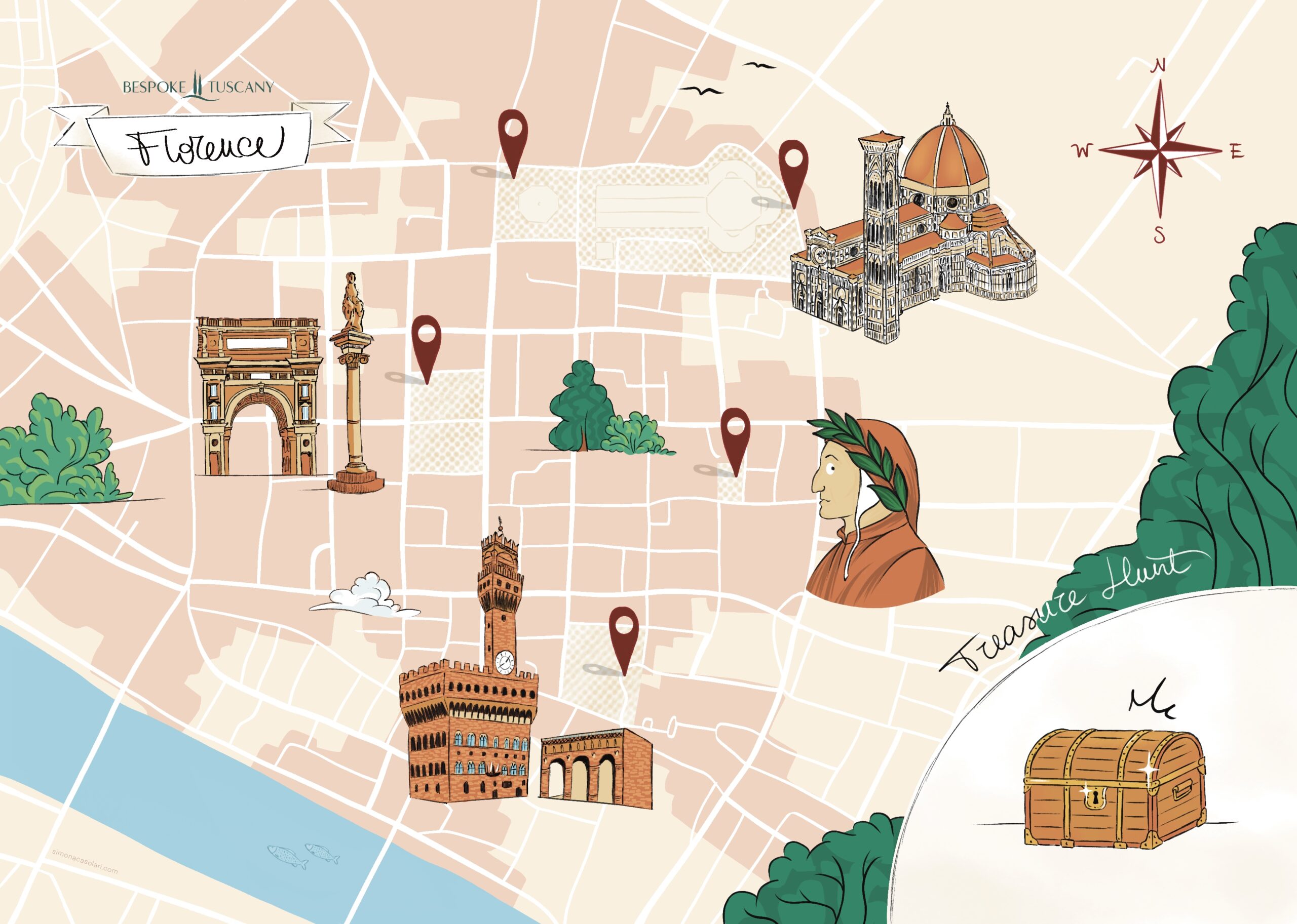 Hand-drawn map of Florence indicating four points of interest (Piazza della Repubblica, Duomo, Casa di Dante, and Palazzo Vecchio), which are the four steps of a treasure hunt organised by Bespoke Tuscany.