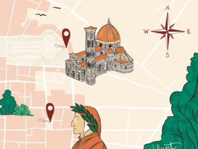 Hand-drawn map of Florence indicating four points of interest (Piazza della Repubblica, Duomo, Casa di Dante, and Palazzo Vecchio), which are the four steps of a treasure hunt organised by Bespoke Tuscany.