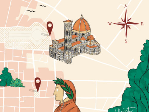 Hand-drawn map of Florence indicating four points of interest (Piazza della Repubblica, Duomo, Casa di Dante, and Palazzo Vecchio), which are the four steps of a treasure hunt organised by Bespoke Tuscany.