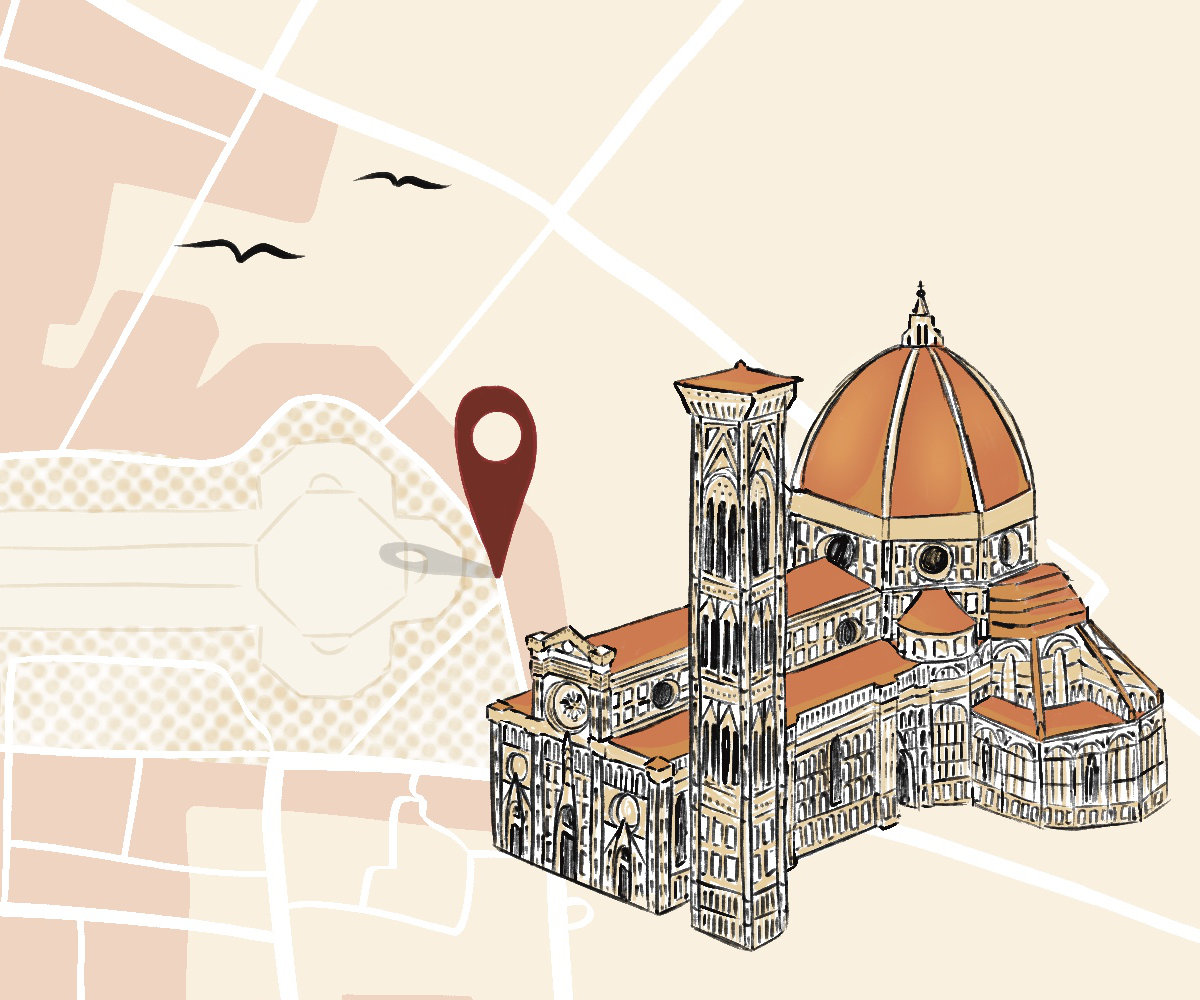 Hand-drawn map of Florence with focus on the Duomo, one of the four steps of a treasure hunt organised by Bespoke Tuscany.