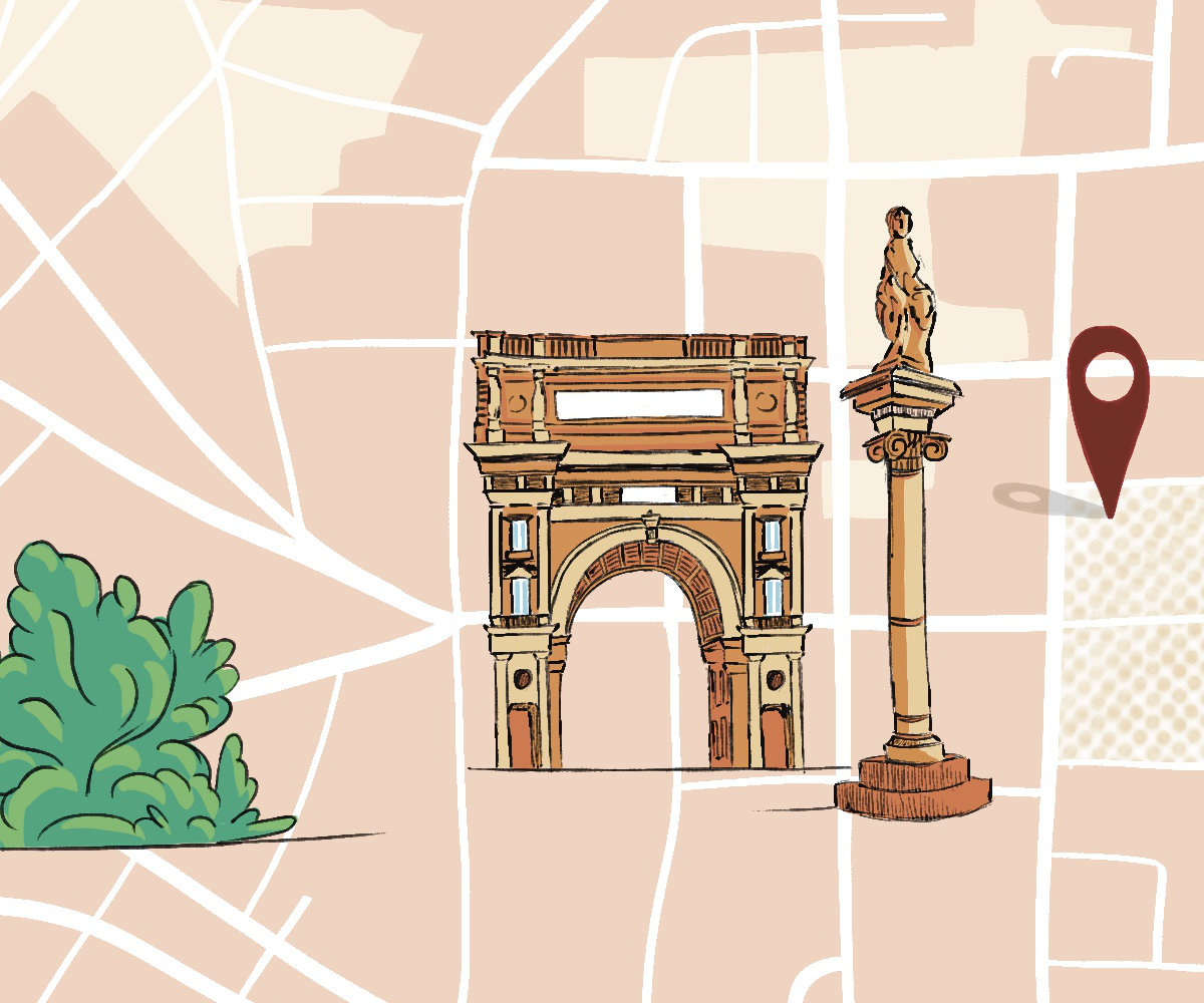 Hand-drawn map of Florence with focus on Piazza della Repubblica, one of the four steps of a treasure hunt organised by Bespoke Tuscany.