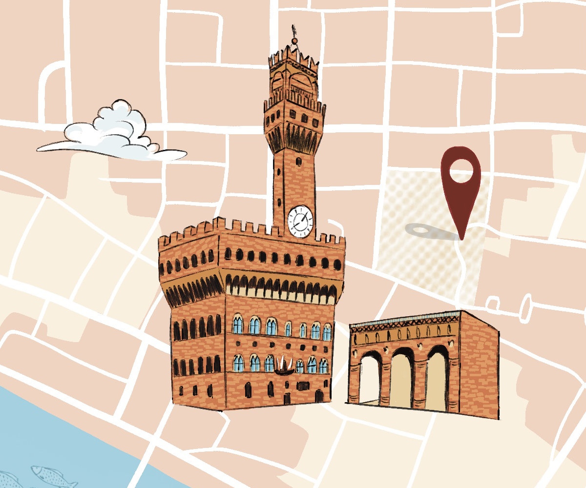Hand-drawn map of Florence with focus on Palazzo Vecchio, one of the four steps of a treasure hunt organised by Bespoke Tuscany.