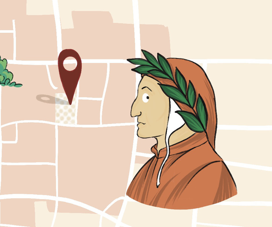 Hand-drawn map of Florence with focus on Casa di Dante, one of the four steps of a treasure hunt organised by Bespoke Tuscany.